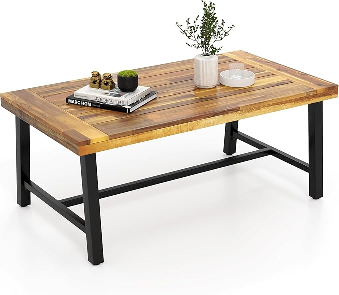 Tangkula Outdoor Acacia Wood Coffee Table, Rectangle Rustic Accent Table with Thickened Top & Heavy-Duty Metal Legs, for Patio, Deck, Garden, Natural