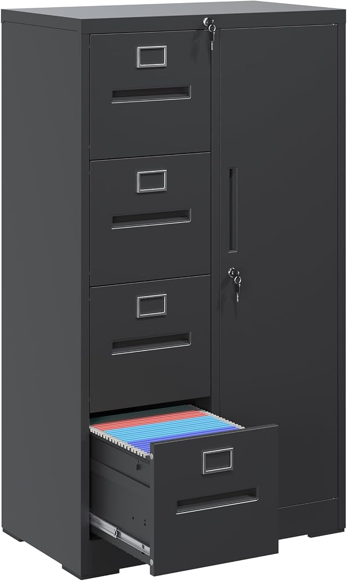 Filing Cabinets with Locks, 4 Drawers Cabinets Storage Units for Home Office, Black File Cabinet for Hanging File Folders Letter/Legal/A4/F4 Size (Easy Assemble)