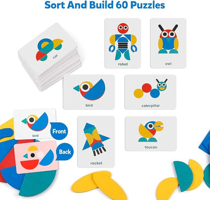 Coogam Wooden Pattern Blocks - Tangram Shape Puzzle Set Color Sorting Stacking Game Wood Animal Jigsaw Preschool Montessori Brain Teaser STEM Gift for 3 4 5 Years Old Toddler Kids (60 Pattern Cards)