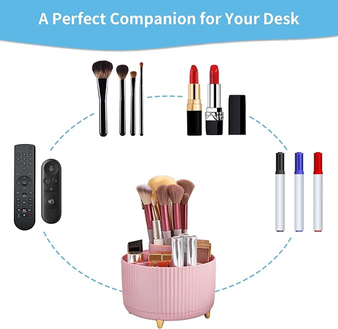 Marbrasse Desk Organizer, 360-Degree Rotating Pen Holder, Desk Organizers and Accessories with 5 Compartments Pencil Organizer, Art Supply Storage Box Caddy for Office, Home(Pink)