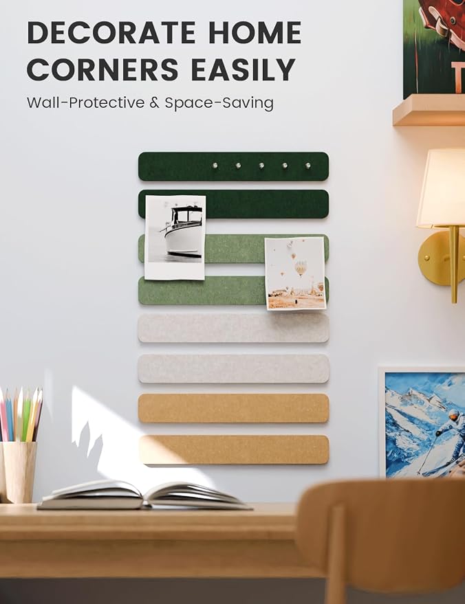 Fluxynara 13" x 2" Felt Wall Panels, Moss Glimmer | 8-Pack Includes 50 Push Pins and Adhesive Tabs for Photos, Notes and Decor in Bedroom Doors, Home Office or Studios