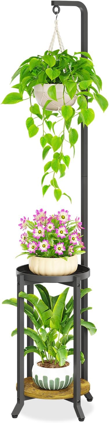 iDavosic.ly 2 Tier Hanging Plant Stand Indoor, Tall Vertical Corner Metal Flower Heavy Duty Pot Holder Shelf for Patio Porch Living Room, Modern Black & Rustic Brown - Round