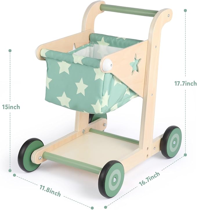 Asweets 2 in 1 Wooden Baby Walker Push and Pull Doll Stroller, Shopping Cart Learning Walker for Boys and Girls, Sit Stand Learning Toddler Toy (Green)
