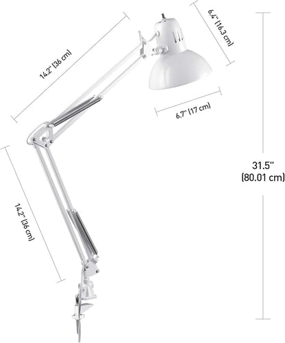 Globe Electric 52847 31.5 Inch Swing Arm Clamp-On White Desk Lamp with Nickel Accents, On/Off Rotary Switch, Book Reading Light, Home Essentials, Office Décor, LED Bulb Compatible