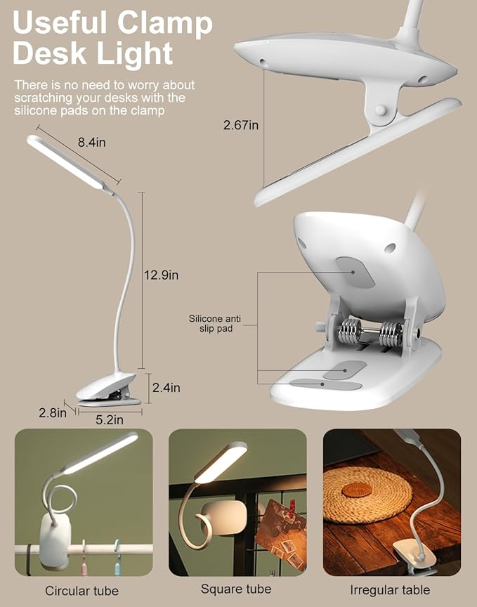 Desk Lamp, Table Lamp 1500mAh Dimmable Reading Lamp with Clamp and Type-C Charging Port, Desk Light for Home Office Reading Working Studying Gooseneck Adjustable Flexible - White