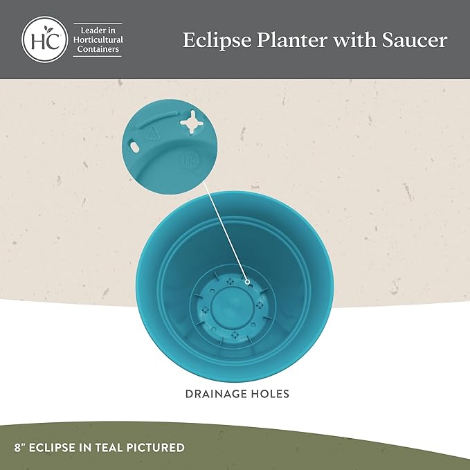The HC Companies 8 Inch Eclipse Round Planter Pots with Drainage Holes & Attached Saucer, Lightweight UV-Resistant Plastic Indoor & Outdoor Planters, 4-Pack Flower Pots, Garden Home Decor, Slate Blue