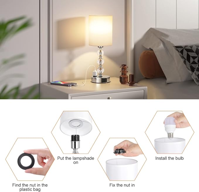 Touch Bedside Crystal Lamps for Bedrooms Nightstand with USB C+A Charging Port and AC Outlet White, 3 Way Dimmable Silver Small End Side Table Lamp for Living/Guest/Dinning Room/Kitchen