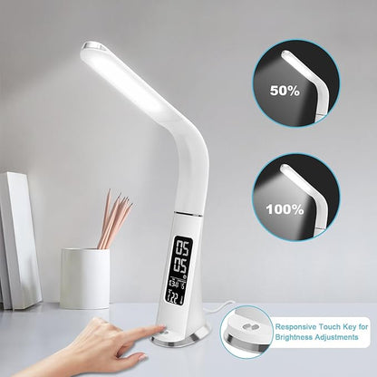 LED Desk Lamp with Digital Display Calendar Temperature,Rechargeable Desk Lamp for Home Office with Adjustable Neck,Dimmable Reading Light with Touch Control,Cordless Study Lamp with USB Charging Port