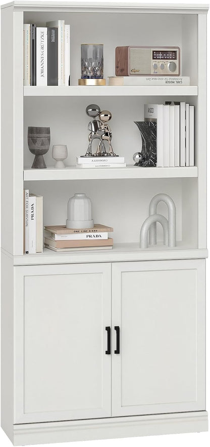 blini 5 Shelf Tall Bookcase with Doors White Bookshelf 31in Wide Display Standing Storage Shelf 72in Tall Wood Book Shelves for Bedroom Living Room Office Library