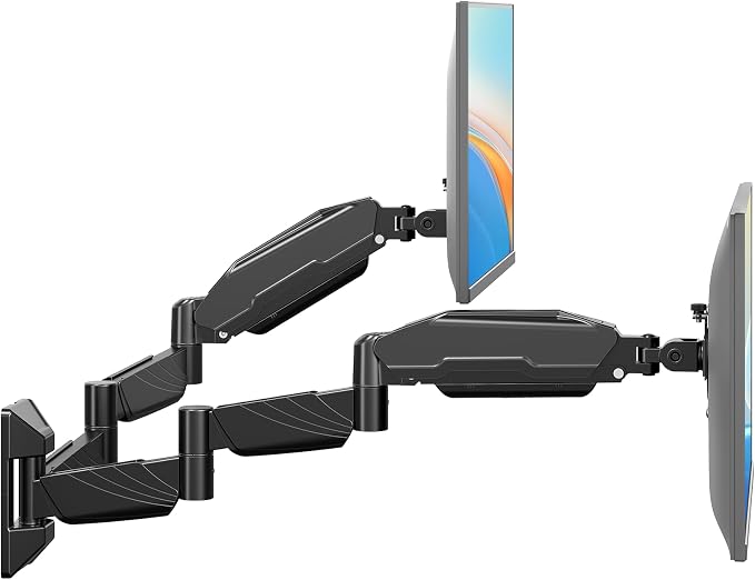 Long Arm Dual Monitor Wall Mount, Gas Spring Wall Monitor Arm for 17-32" Screens, 27.1" Extra Long Monitor Mount, Holds up to 17.6 lbs Each, Full Motion VESA Mount, 75/100, Black