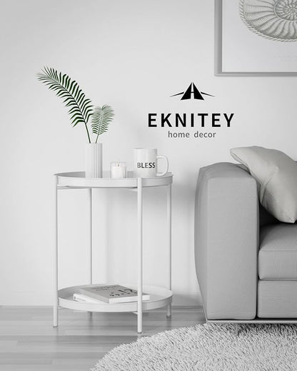 EKNITEY 2 Tier End Table - Metal Side Table Waterproof Small Sofa Coffee Side Tables Bedroom Indoor Outdoor with Removable Tray for Living Room Bedroom Balcony and Office (White)