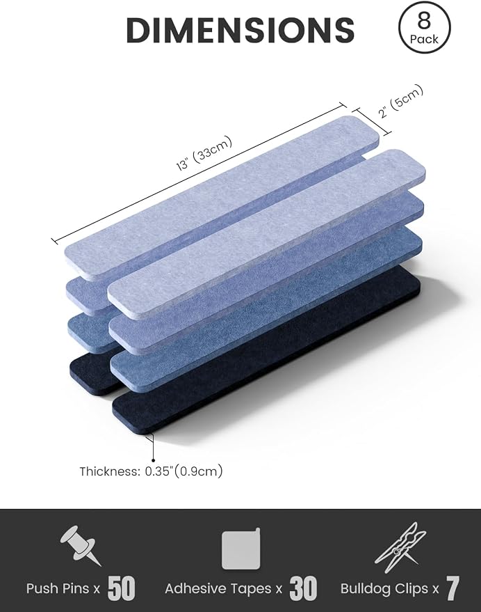 Fluxynara 13" x 2" Felt Wall Panels, Denim Mist | 8-Pack Includes 50 Push Pins and Adhesive Tabs for Photos, Notes and Decor in Bedroom Doors, Home Office or Studios