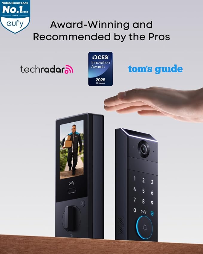 eufy Security Smart Lock FamiLock S3 Max with Palm Vein Recognition, Keyless Entry Front Door Lock, Wi-Fi Keypad Deadbolt+ 2K HDR Doorbell Camera, 16GB Built‑in Storage, BHMA 1, Rear Lock Video Screen