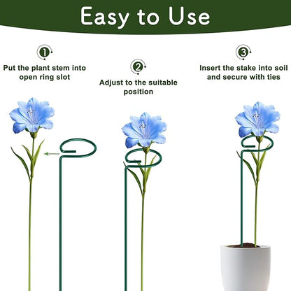 FEED GARDEN 16 Inch 20 Pack Plant Support Stakes, Metal Garden Flower Stakes and Supports for Outdoor Plants, Plant Stem Support with 40 Twist Ties for Amaryllis Lily Rose Peony Tomatoes Gladiolus