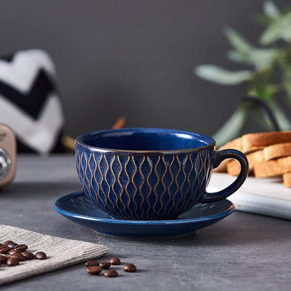 Coffeezone Vintage Design 12 oz Ceramic Latte Art Cappuccino Barista Cup with Saucer (Embossed Blue)