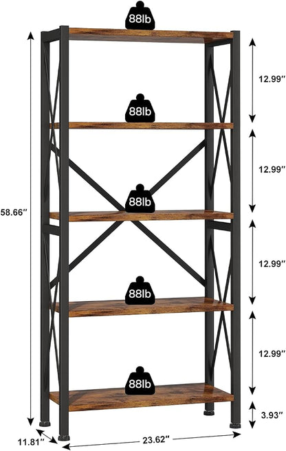 Homeiju 5-Tier Bookshelf,Wood Bookcase,Book Shelf with Steel Frame, Storage Rack with Open Shelves, Rustic Standing Bookshelves Ladder Shelf 110lbs/shelf for Bedroom,Living Room and Home Office