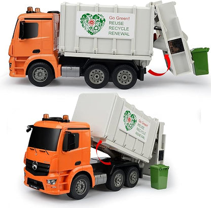 DOUBLE E Benz Licensed Remote Control Garbage Truck Electric Recycling Toy Set with Trash Bin Real Lights Rechargeable Waste Management Trash Truck Toys Gift for Kids