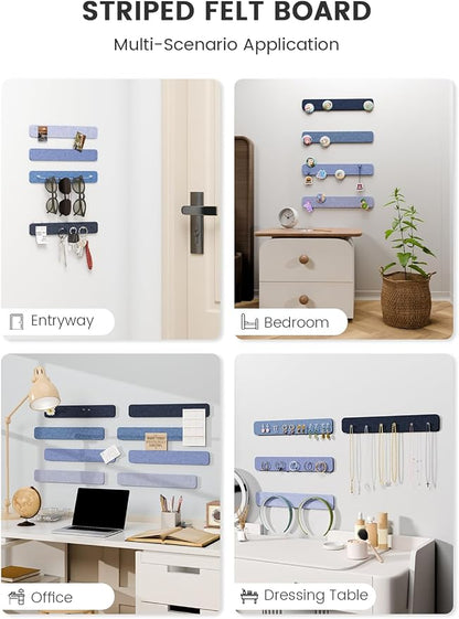 Fluxynara 13" x 2" Felt Wall Panels, Denim Mist | 8-Pack Includes 50 Push Pins and Adhesive Tabs for Photos, Notes and Decor in Bedroom Doors, Home Office or Studios