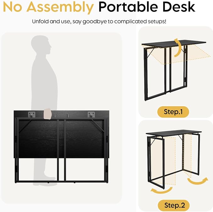 alawooder 39.4" Folding Desk: No Assembly, Wood Top for Small Spaces | 39.4 in dual-monitor workspace, holds 150 lbs, folds flat to 2.3 in, splash-proof top, home office or gaming
