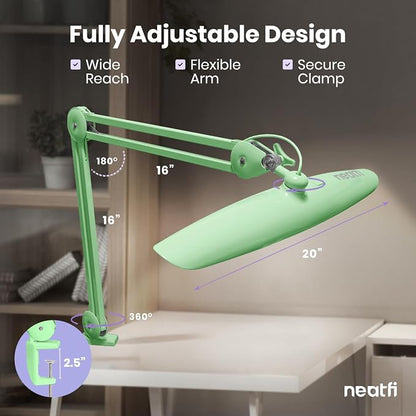 Neatfi XL 2200 Lumens 24W LED Desk Lamp – Shadow-Free Task Lighting | 4-Level Dimming | Home Office & Crafts Use | 20-Inch Wide Head (Midnight Green, Non-CCT with Clamp)