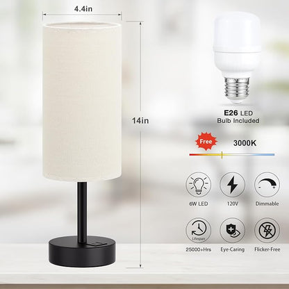 Dicoool Bedside Table Lamp for Bedroom - 3-Way Dimmable Touch Lamp, USB A+C | LED Bulb Included, 14" Small Nightstand Lamp for Desk, Living Room, Guest Room, Beige Fabric Lampshade, Black Metal Base