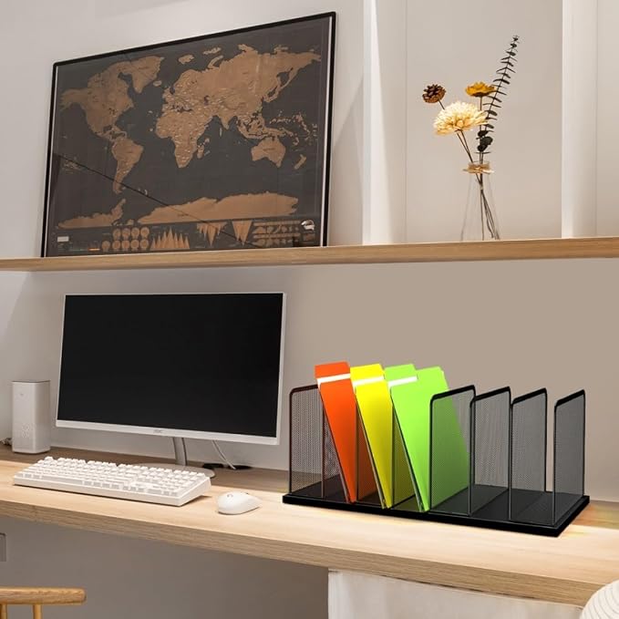 Kuntine.B 7-Section Upright Desk File Organizer Black 2 Pack | Vertical, Mesh, Metal, Assembly, Stability, Sturdiness, Organization, Standing