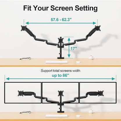 MOUNT PRO Triple Monitor Mount, 3 Monitor Desk Mount for Three Screens up to 32 Inch, Full Motion Gas Spring Heavy Duty Arm Hold up to 19.8lbs Each, Black
