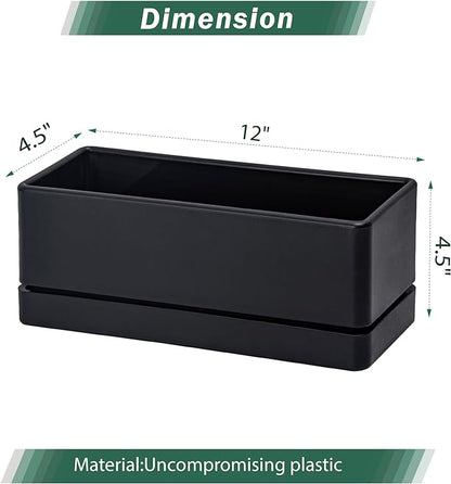 D'vine Dev 12 Inch Window Box Planter, Rectangle Plastic Herb Planter with Drainage Holes and Saucer, Indoor Succulent Cactus Vegetable Pot for Windowsill, Garden Balcony, Black, Set of 2, 76-X-B-2