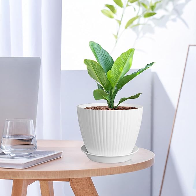 7/6.2/5.5/5/4.5/4 inch Plant Pots, 6 Pack Flower Pots for Small Indoor Outdoor Plants, Plastic Planters with Drainage Holes and Saucers for Garden Succulent House Plants, White