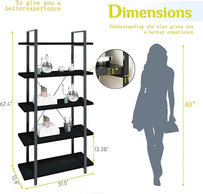 Tall Bookshelf with Large Storage,5 Tier Bookcase in Bedroom,Living Room and Office,Modern Wide Bookcase Shelf for Storing Books/Plants,Black
