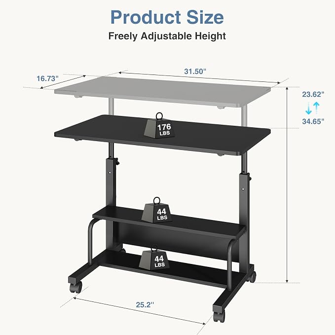 DUMOS Rolling Desk, Storage Shelves, Laptop Table, Home Office | Height Adjustable Design, Computer Desks on Wheels, Portable for Small Spaces Use, Black