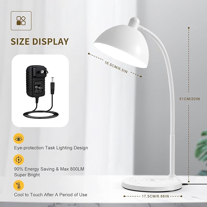 BOHON Desk Lamp, LED Desk Lamp with USB Charging Port, Wireless Charger Desk Light for Home Office, 5 Colors 6 Levels Brightness, Touch Table Lamp for Bedroom Bedside College Dorm Reading, White