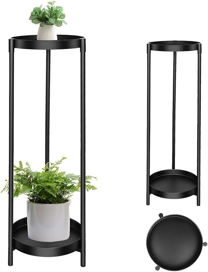 Plant Stand Indoor Outdoor, 2 Tier 24" Tall Black Flower Pot Plant Stands, Heavy Duty Metal Plants Shelf, Rustproof Iron Multiple Plant Round Supports Rack for Planter Corners Garden Balcony Patios