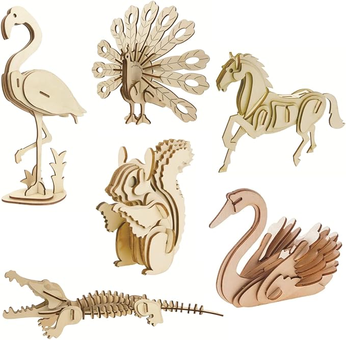 3D Wooden Wild Animal Puzzle - 6 Piece Set Wood Wild Animals Skeleton Assembly Model Kits - Wooden Crafts DIY Brain Teaser Puzzle - STEM 3D Puzzle Gifts for Adults & Teens