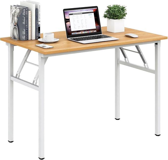 Need Office Computer Desk 39.3 Inch Sturdy Folding Laptop Table Teak | White Frame Writing Gaming Work Table/Foldable Home Office Desk/Sewing Table, No Assembly Required