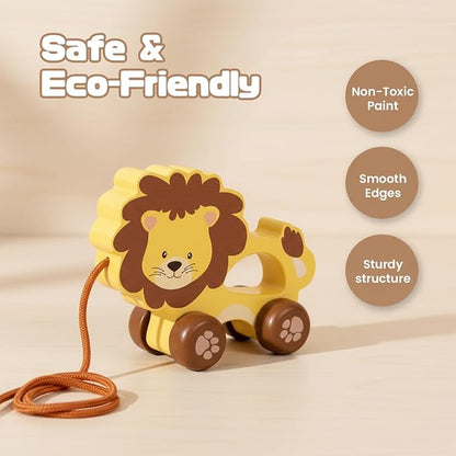 Baby Toys Car,Wooden Pull Along Toddler Toy, Developmental Toy for 1 Year Old Girl Boy Birthday Gift (Lion)