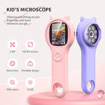 Pink and Purple Microscope for Kids-200X Portable Digital Mini Microscope- Your Little Scientist Miniscope - STEM Toy for Age 5 6 7 8 9 10 11 12 Years Old Toddlers.