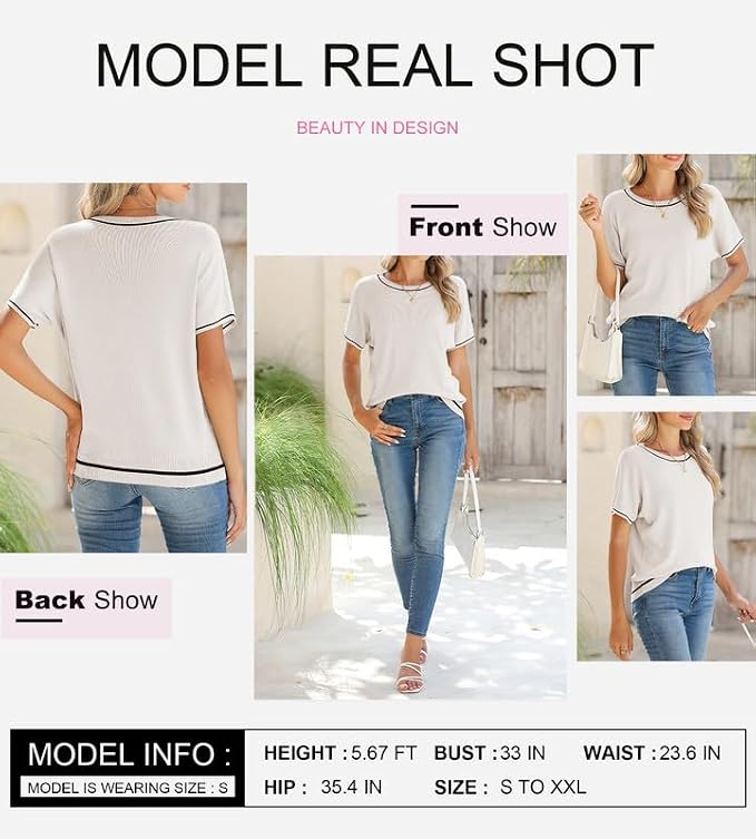 SHEWIN Womens Tops Trendy Short Sleeve Shirts Crewneck Lightweight Knit Sweater Top Business Casual Outfits