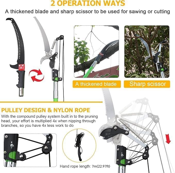 27 Feet Tree Pole Pruner Manual Branches Trimmer Tree Branch Garden Tools Loppers Hand Pole Saws Extendable Height Adustable System for Sawing and Shearing
