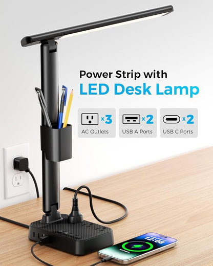 LED Desk Lamp with Power Strip, 3 AC Outlets & 4 USB Ports (2 USB-C), Stepless Dimming & 2800K-6500K Eye-Caring Desk Light, Foldable Table Lamp for Home Office, Dorm Room Essentials(10FT)