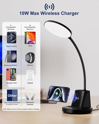hansang LED Desk Lamp for Home Office with Wireless Charger, 3 Color Modes, Stepless Dimmable, Touch Control Black Study Lamp with Pen Holder for College Dorm Room, CRI 90, 800 Lumen, Adapter Included