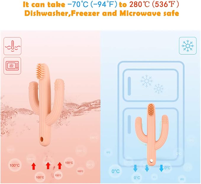 Cactus Teether, Baby Teething Toys for Babies, Self-Soothing Pain Relief Soft Baby Toothbrush for Babies, Toddlers, Infants, Boy and Girl, Natural Organic BPA Free(Peachy)