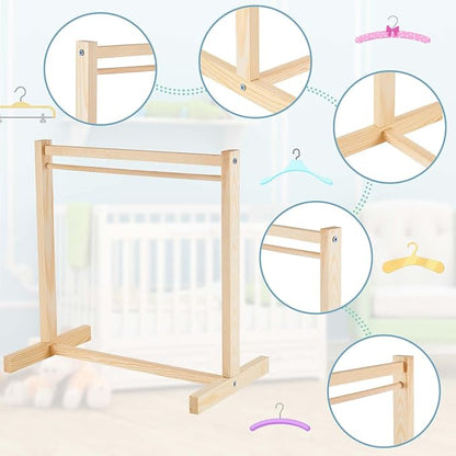 Civaner 11 Pcs Doll Garment Rack with Wooden Clothes Hanger for 18 Inch Girl Doll Clothes Mini Hangers Wardrobe Furniture Accessories for Dollhouse Baby Shower Supplies (Wood)