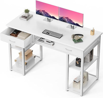 DUMOS 48-Inch Computer Desk with Drawers, Hook and Side Bag, White | Home Office Desk for Bedroom, Gaming Writing Study Desk with Adjustable Feet
