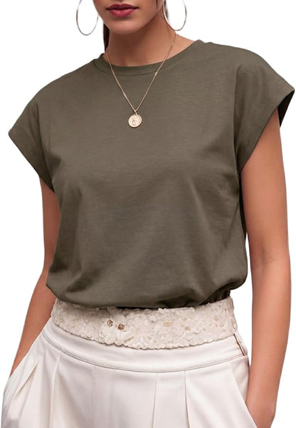 GRECERELLE Womens Summer Tops Cap Sleeve Crew Neck Basic T-Shirt | Everyday Casual Wear, Layering Friendly, Wrinkle-Resistant, Business Casual Ready, Lightweight & Packable, Capsule Wardrobe