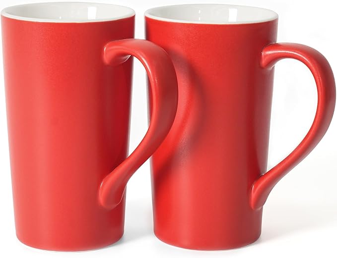 20 oz Ceramic Coffee Mugs Set of 2 Large Tall Red Porcelain Tea Cups with Handle Microwave & Dishwasher Safe Gift for Parents Dad Mom Friends