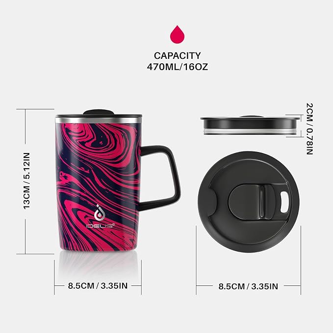 Ideus 16 oz Insulated Stainless Steel Coffee Mug with Lid, Red Zebra | Perfect for home, office, or daily use| Easy to clean wide mouth| Sweat-proof| On the go