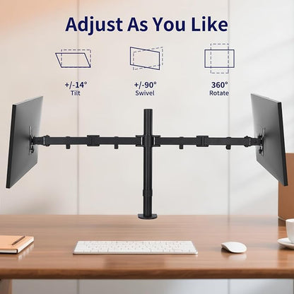Black Dual Monitor Arm Mount for 13-32 Inch Screens | Ultrawide Screens Up to 38 Inch Fully Adjustable Stand with C-Clamp/Grommet Base Max VESA 100x100 Each Screen Capacity 22lbs