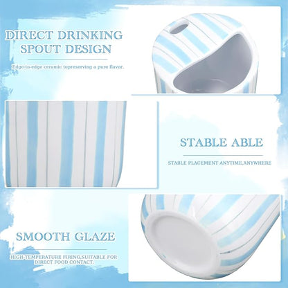 Ceramic Mug with Sip Hole 10 oz Light Blue Striped Ceramic Coffee Mug Hand Painted Travel Mugs Heat Resistant Non Slip Built in One Lid Handcraft Mugs for Coffee Lovers Appreciation Gift