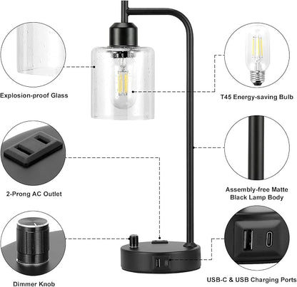 Industrial Bedside Lamps Set of 2, Fully Dimmable Desk Lamps for Bedroom | Glass Shade, USB C+A Charging Port & Outlet, Black Nightstand Table Lamps for Living Room, Office, Reading, Vintage